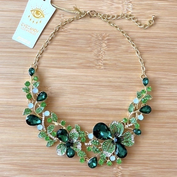 Brand New Eye Candy 14k Gold Plated w/ Glass Crystal Green Statement Necklace - Picture 6 of 13